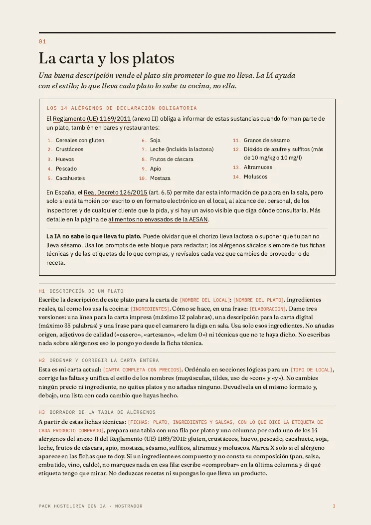 Página 3, los 14 alérgenos de declaración obligatoria y los prompts de la carta