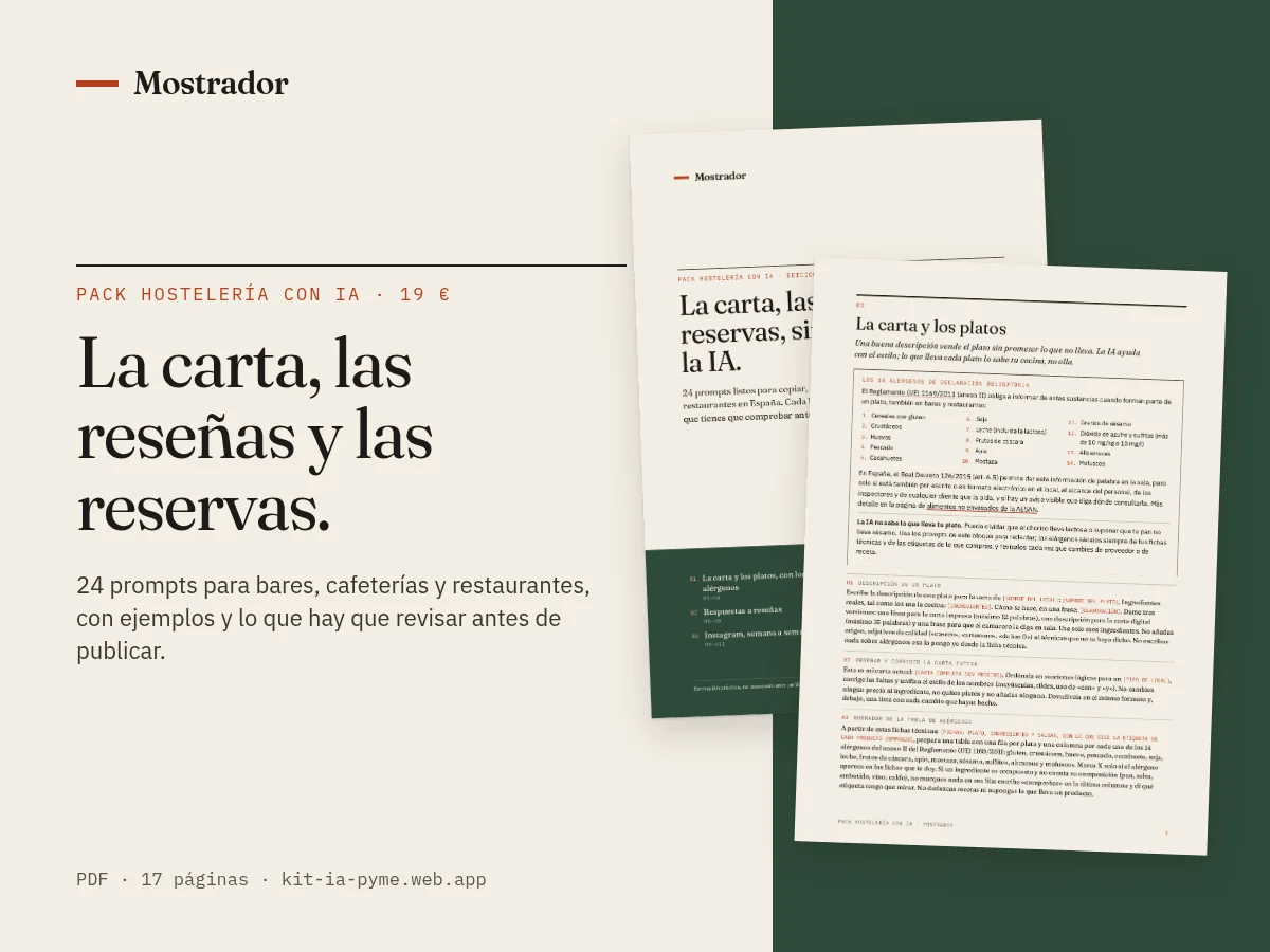 Portada del Pack Hostelería con IA junto a la página de la carta y los platos