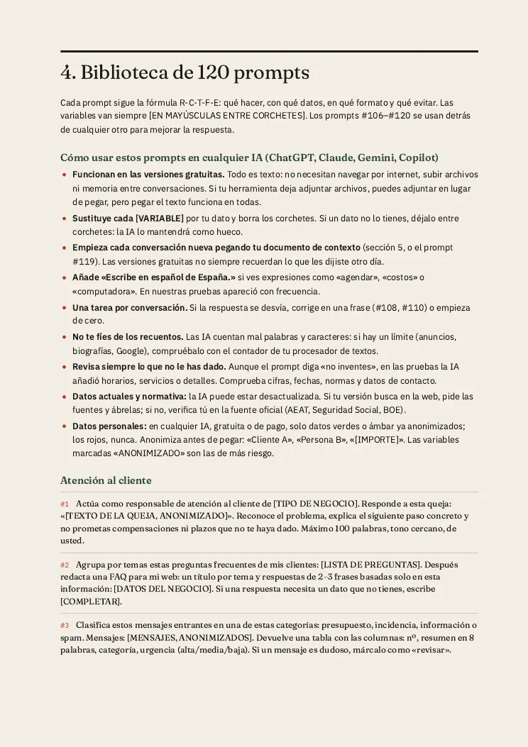 Página 8, cómo usar los prompts en cualquier IA y primeros prompts de atención al cliente