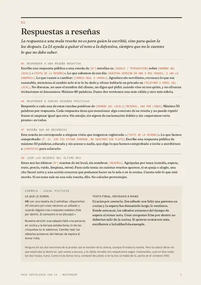 Página 5 del Pack Hostelería con IA, con prompts para responder reseñas